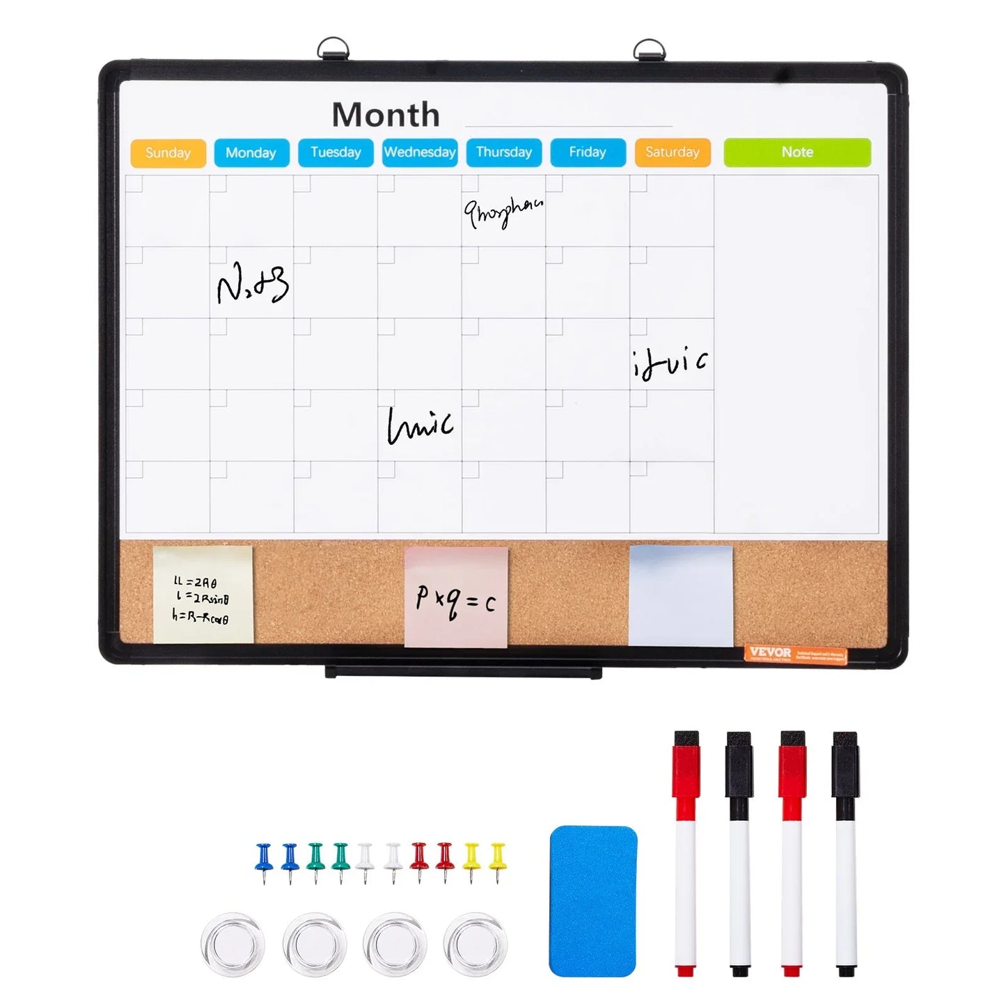 VEVOR 24"x 18" Monthly Calendar Whiteboard & Cork Board Combo with Aluminum Frame – 2-in-1 Magnetic Dry Erase Bulletin Board for Wall Mount – Ideal for School, Home, Office - Mekamart Australia