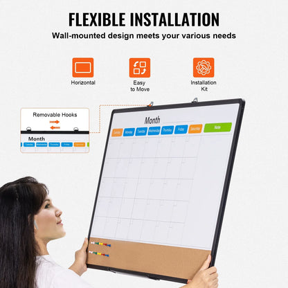VEVOR 36"x 24" Monthly Calendar Whiteboard & Cork Board Combo with Aluminum Frame – 2-in-1 Magnetic Dry Erase Bulletin Board for Wall Mount – Ideal for School, Home, Office - Mekamart Australia