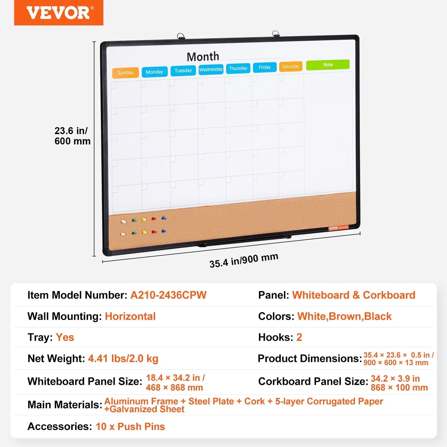 VEVOR 36"x 24" Monthly Calendar Whiteboard & Cork Board Combo with Aluminum Frame – 2-in-1 Magnetic Dry Erase Bulletin Board for Wall Mount – Ideal for School, Home, Office - Mekamart Australia