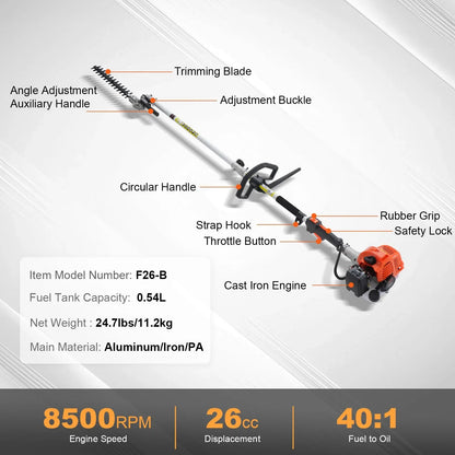 VEVOR 15.7-inch 26CC 2 Cycle Gas Hedge Trimmer, Gas Powered Pole Hedge Trimmer with Dual Sided Dual Action Blade, Adjustable Trimmer Head, Suitable for Trimming Shrubs, Bushes - Mekamart Australia
