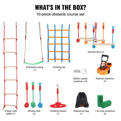 VEVOR Ninja Warrior Obstacle Course for Kids, 15.24 m Weatherproof Slacklines, 500lbs Weight Capacity Monkey Line, Outdoor Playset Equipment, Backyard Toys Training Equipment Set with 10 Obstacles - Mekamart Australia
