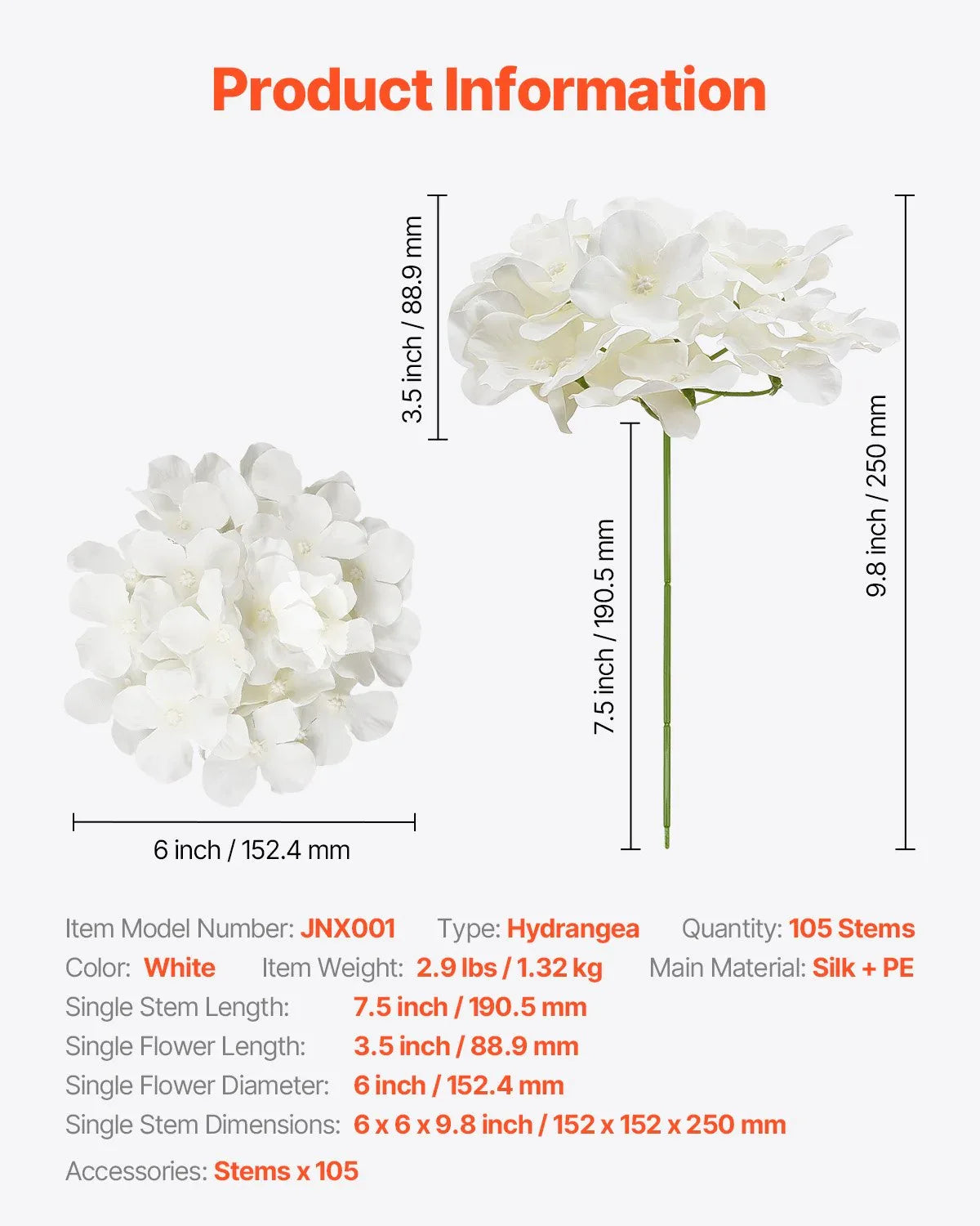 VEVOR Artificial Flowers, 105 pcs Real Looking White Silk Fake Hydrangea Bulk, White Faux Bridal Shower with Stems for DIY Wedding Bouquets, Home Centerpieces Arrangements, Party Tables Decorations - Mekamart Australia