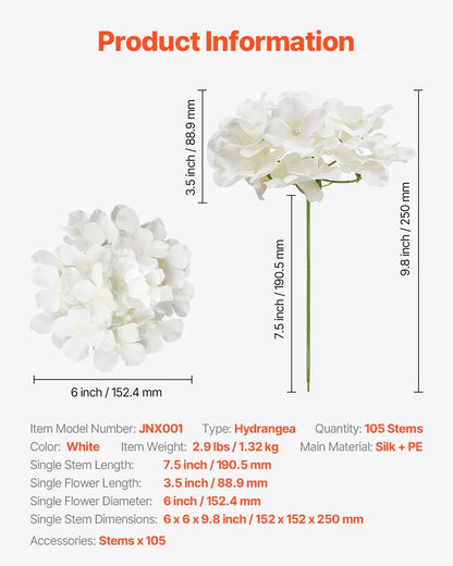 VEVOR Artificial Flowers, 105 pcs Real Looking White Silk Fake Hydrangea Bulk, White Faux Bridal Shower with Stems for DIY Wedding Bouquets, Home Centerpieces Arrangements, Party Tables Decorations - Mekamart Australia