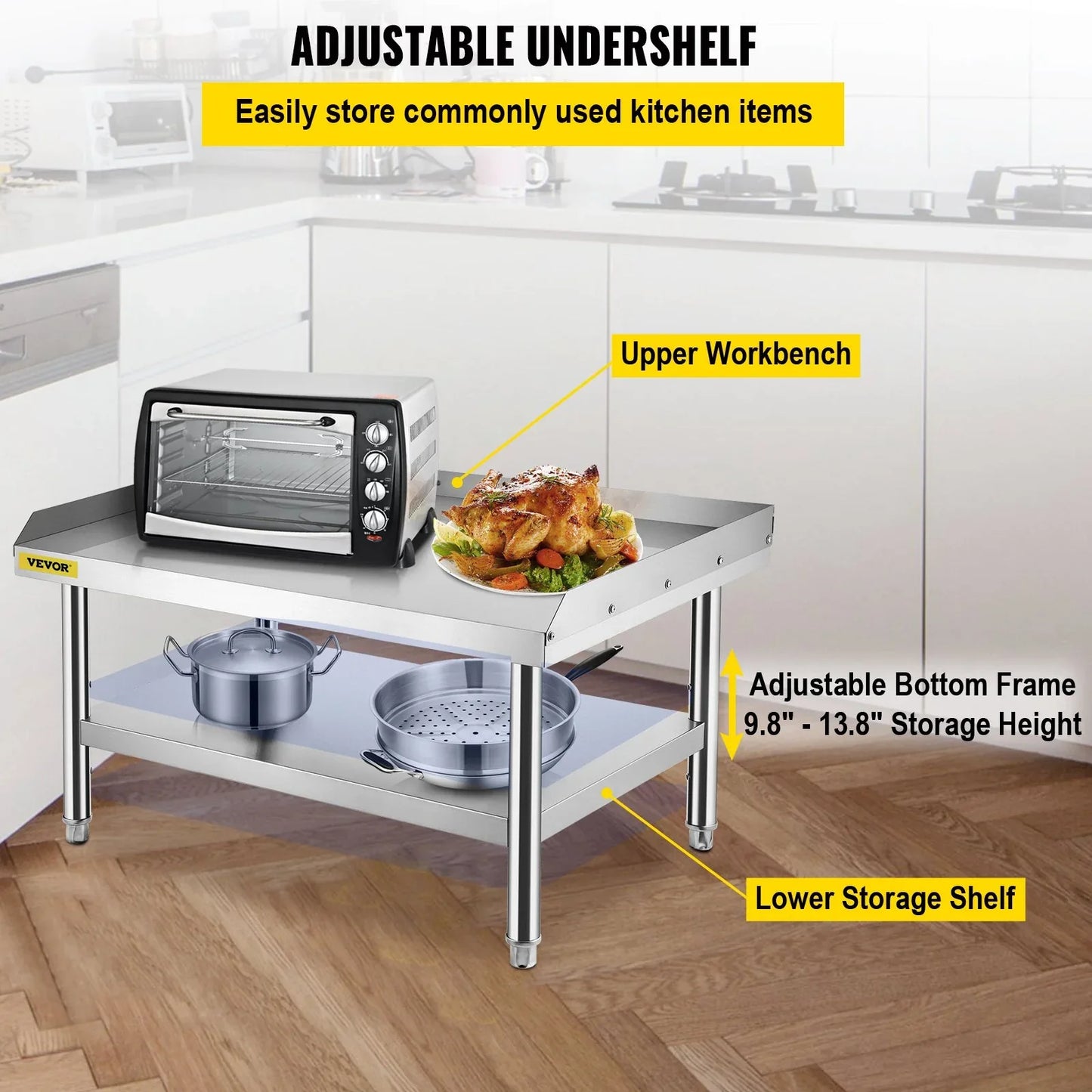 VEVOR Stainless Steel Equipment Grill Stand, 122 x 76 x 61cm Stainless Table, Grill Stand Table with Adjustable Storage Undershelf, Equipment Stand Grill Table for Hotel, Home, Restaurant Kitchen - Mekamart Australia