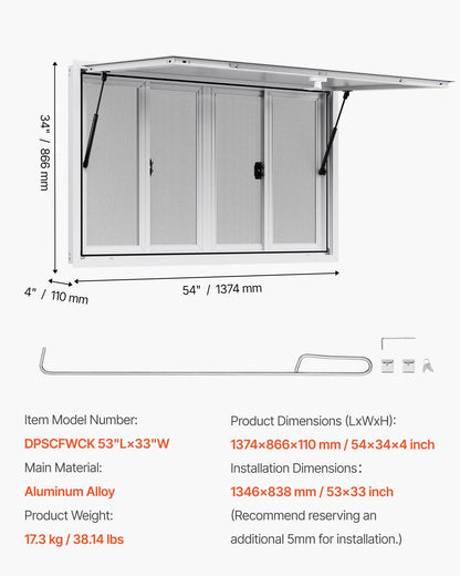 VEVOR Concession Window 1346x838 mm, Aluminum Alloy Service Window for Food Truck, Up to 85 Degrees Stand Serving Window with 4 Sliding Windows, Awning Door, and Drag Hook, for Concession Trailers - Mekamart Australia