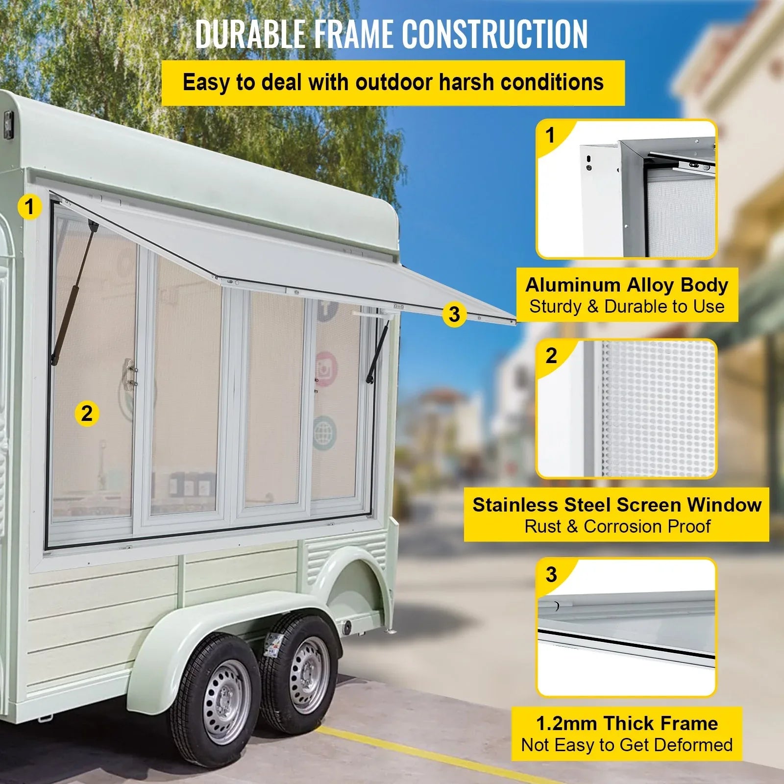 VEVOR Concession Window, 91.4 x 91.4 cm Aluminum Alloy Food Truck Service Window with 4 Horizontal Sliding Screen Windows & Awning Door & Drag Hook, Serving Window for Food Trucks Concession Trailers - Mekamart Australia