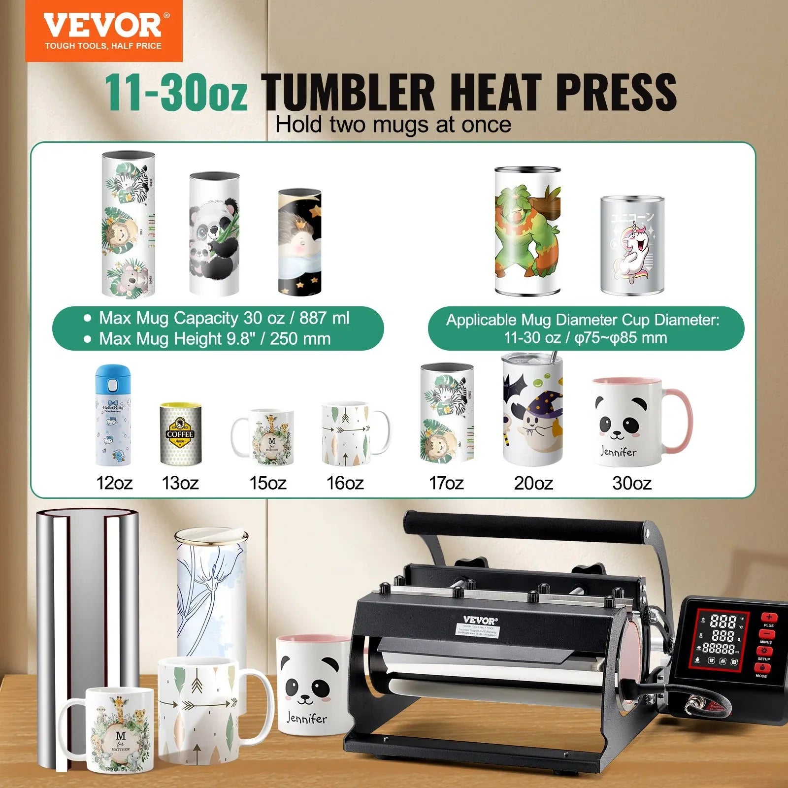 VEVOR Tumbler Heat Press Machine 11-30oz Mug Press Sublimation Tumblers Black - Mekamart Australia