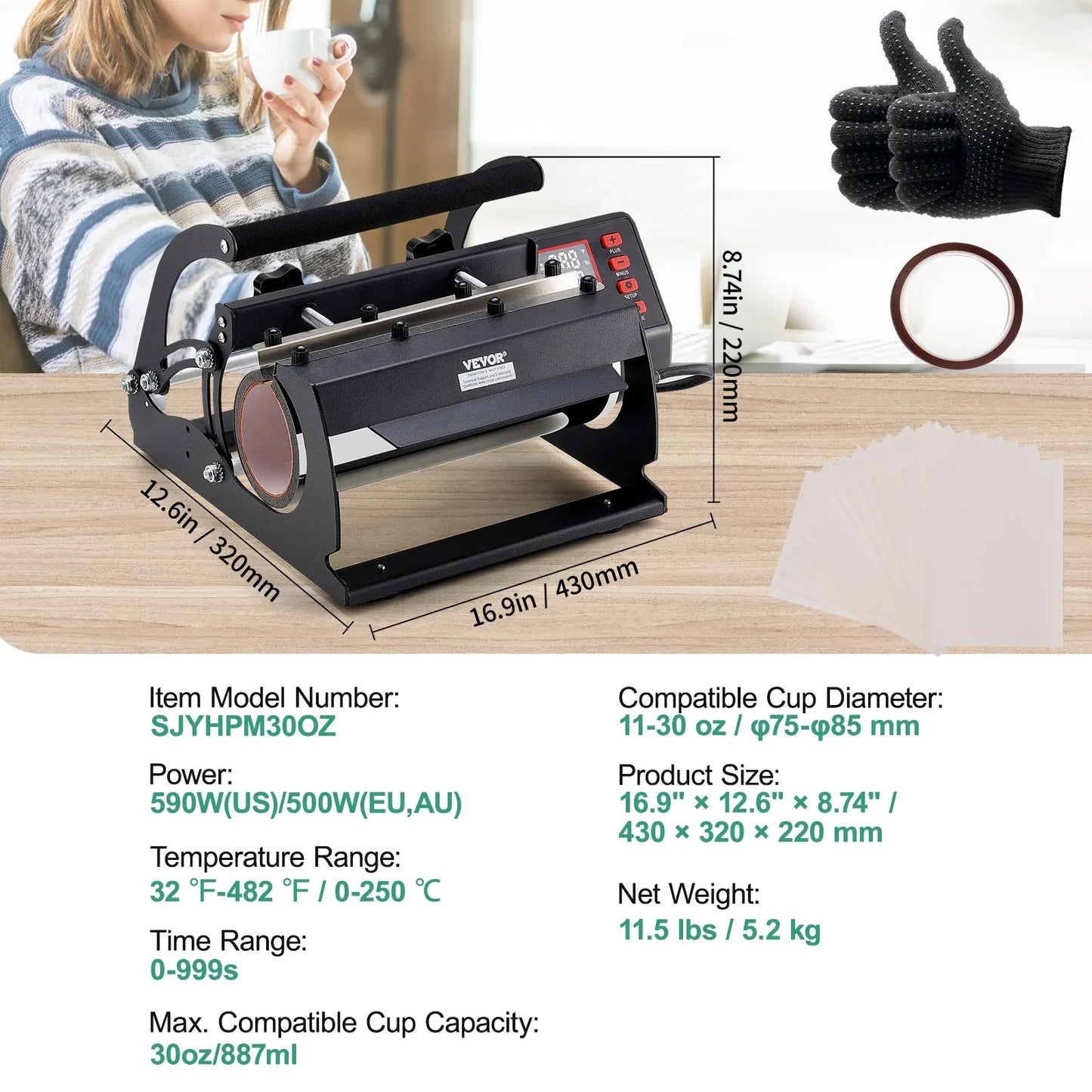 VEVOR Tumbler Heat Press Machine 11-30oz Mug Press Sublimation Tumblers Black - Mekamart Australia