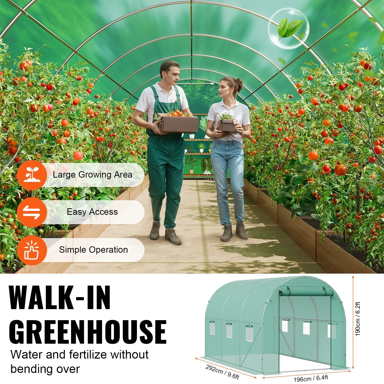 VEVOR Walk-in Tunnel Greenhouse 9.58x6.43x6.23ft Galvanized Frame PE Cover Green - Mekamart Australia