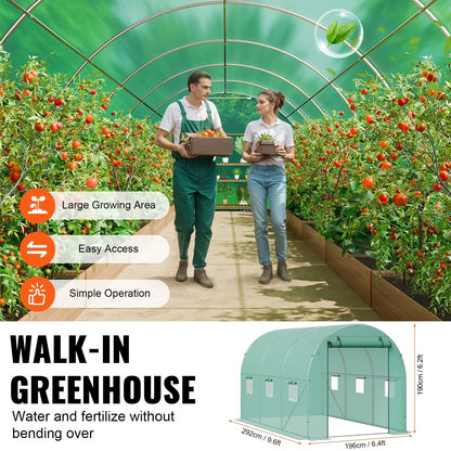 VEVOR Walk-in Tunnel Greenhouse 9.58x6.43x6.23ft Galvanized Frame PE Cover Green - Mekamart Australia