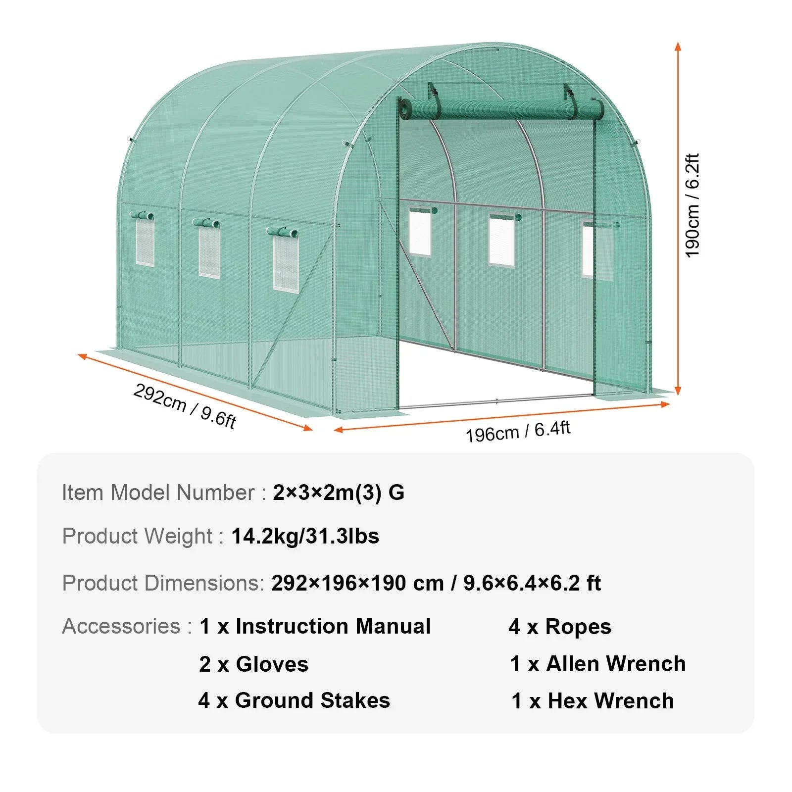 VEVOR Walk-in Tunnel Greenhouse 9.58x6.43x6.23ft Galvanized Frame PE Cover Green - Mekamart Australia