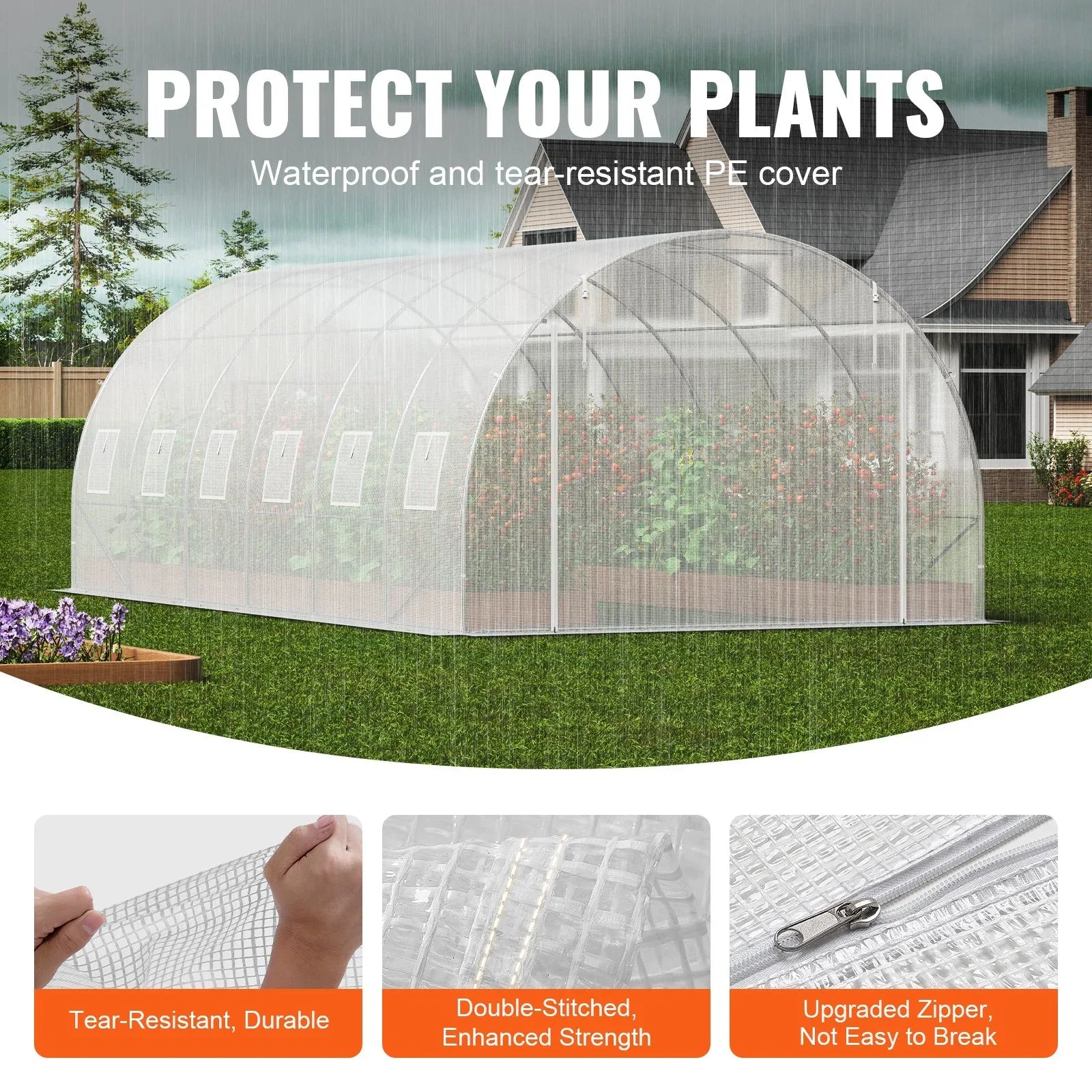 VEVOR Walk-in Tunnel Greenhouse, 19.4x9.7x6.5 ft Hoop House Greenhouse Tunnel, Plant Hot House with Galvanized Steel Frame, White PE Cover, Roll-up Zipper Door and 12 Windows for Outdoor - Mekamart Australia