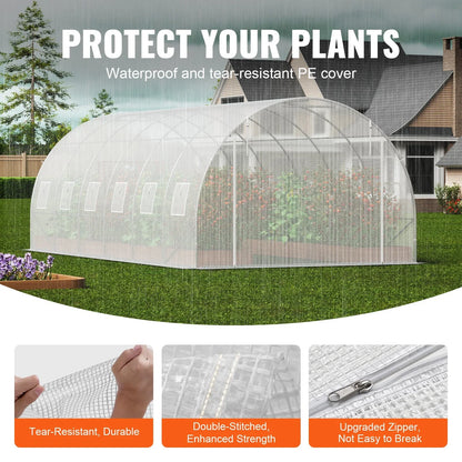 VEVOR Walk-in Tunnel Greenhouse, 19.4x9.7x6.5 ft Hoop House Greenhouse Tunnel, Plant Hot House with Galvanized Steel Frame, White PE Cover, Roll-up Zipper Door and 12 Windows for Outdoor - Mekamart Australia