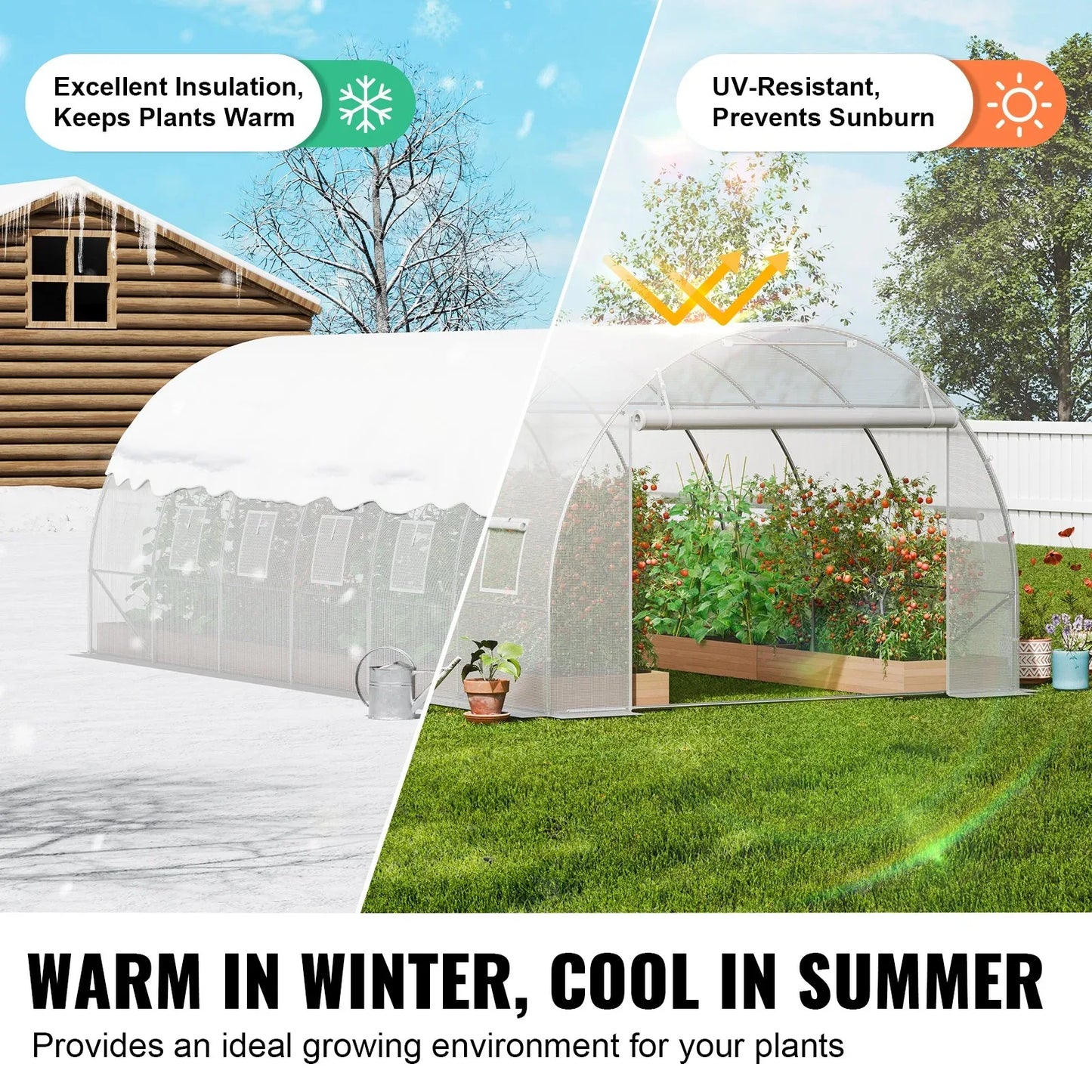 VEVOR Walk-in Tunnel Greenhouse, 19.4x9.7x6.5 ft Hoop House Greenhouse Tunnel, Plant Hot House with Galvanized Steel Frame, White PE Cover, Roll-up Zipper Door and 12 Windows for Outdoor - Mekamart Australia