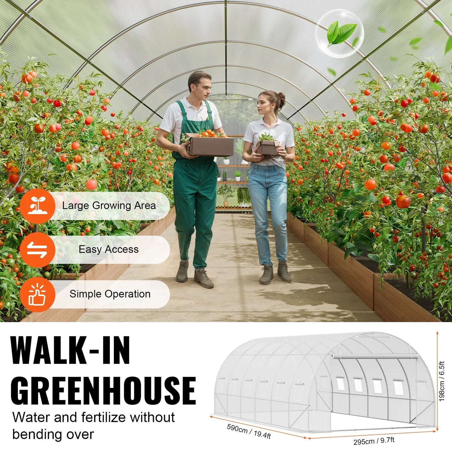 VEVOR Walk-in Tunnel Greenhouse, 19.4x9.7x6.5 ft Hoop House Greenhouse Tunnel, Plant Hot House with Galvanized Steel Frame, White PE Cover, Roll-up Zipper Door and 12 Windows for Outdoor - Mekamart Australia