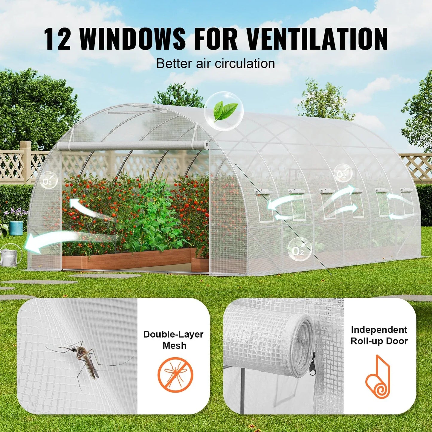 VEVOR Walk-in Tunnel Greenhouse, 19.4x9.7x6.5 ft Hoop House Greenhouse Tunnel, Plant Hot House with Galvanized Steel Frame, White PE Cover, Roll-up Zipper Door and 12 Windows for Outdoor - Mekamart Australia