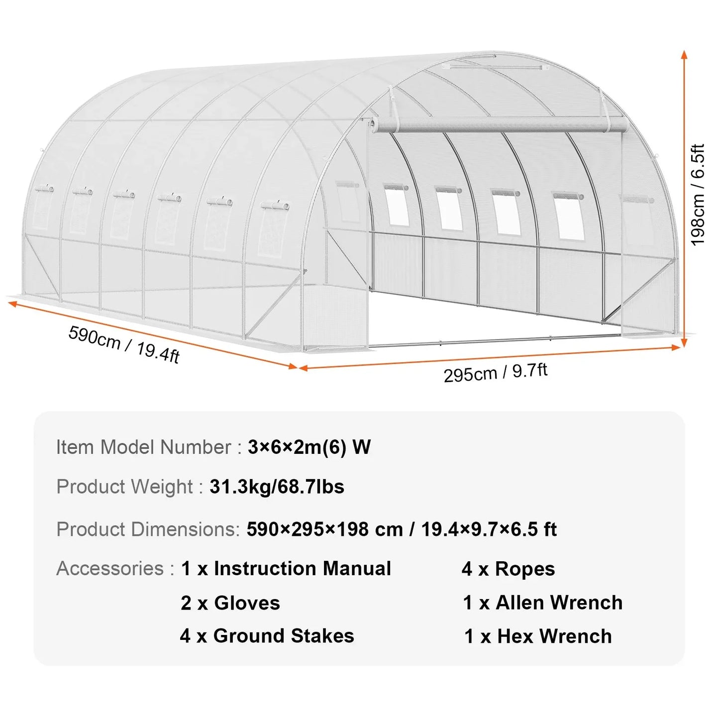 VEVOR Walk-in Tunnel Greenhouse, 19.4x9.7x6.5 ft Hoop House Greenhouse Tunnel, Plant Hot House with Galvanized Steel Frame, White PE Cover, Roll-up Zipper Door and 12 Windows for Outdoor - Mekamart Australia