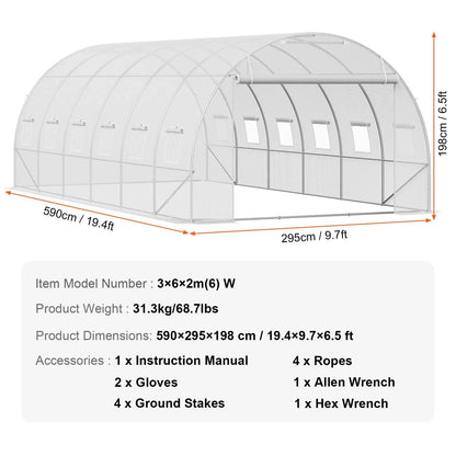 VEVOR Walk-in Tunnel Greenhouse, 19.4x9.7x6.5 ft Hoop House Greenhouse Tunnel, Plant Hot House with Galvanized Steel Frame, White PE Cover, Roll-up Zipper Door and 12 Windows for Outdoor - Mekamart Australia