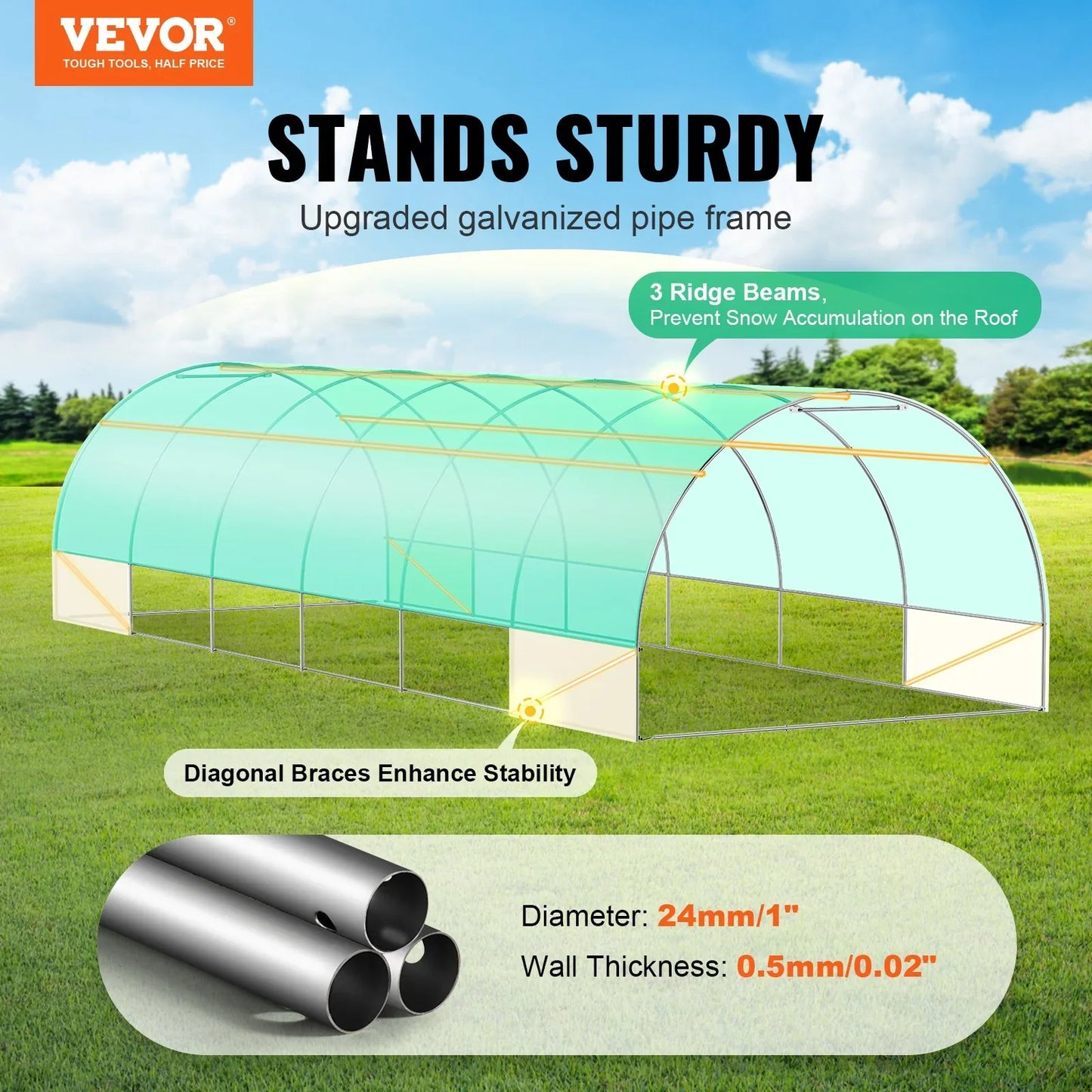 VEVOR Walk-in Tunnel Greenhouse 29.2x9.7x6.5ft Galvanized Frame PE Cover Green - Mekamart Australia