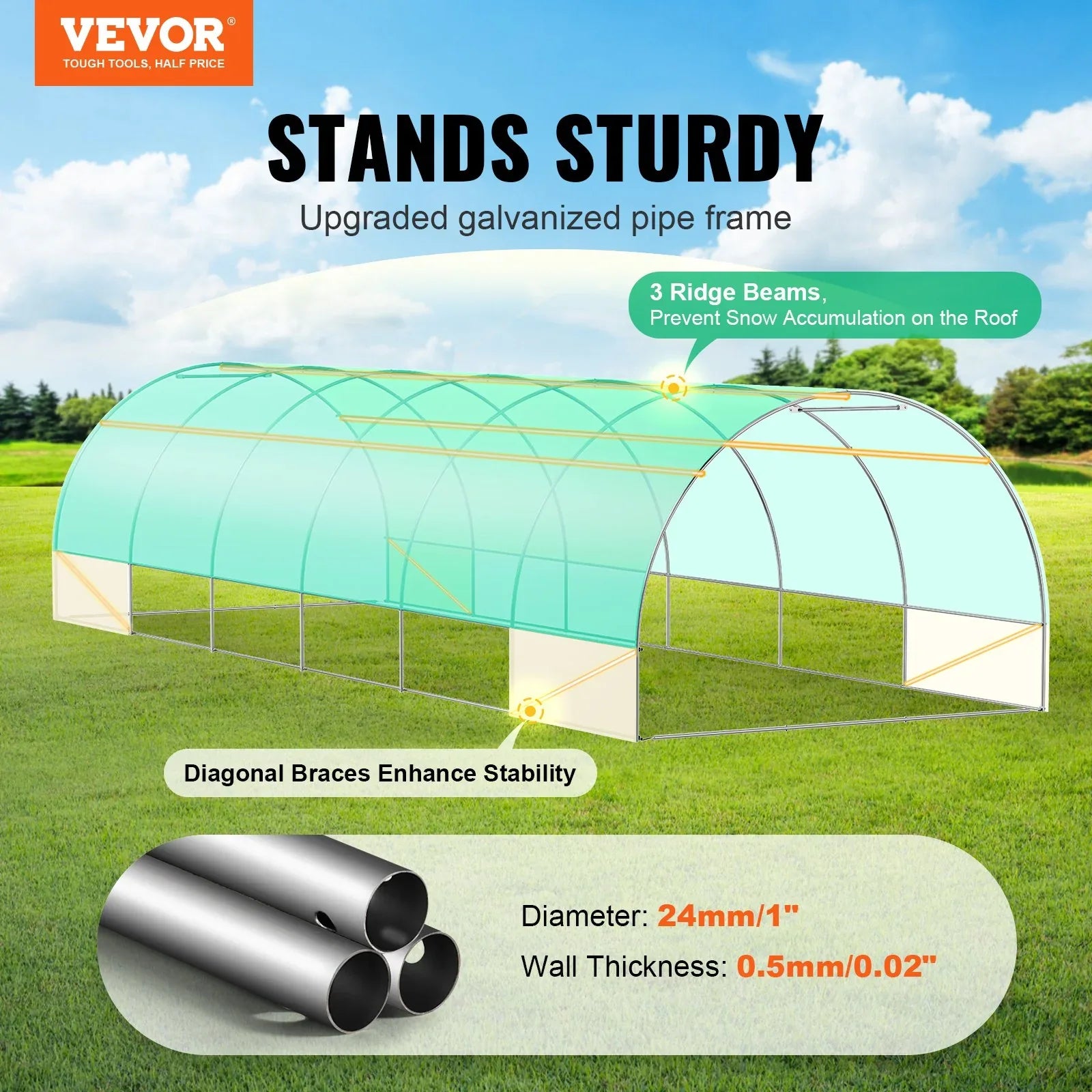 VEVOR Walk-in Tunnel Greenhouse 29.2x9.7x6.5ft Galvanized Frame PE Cover Green - Mekamart Australia