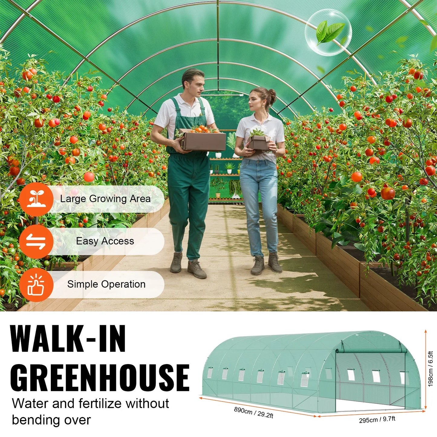 VEVOR Walk-in Tunnel Greenhouse 29.2x9.7x6.5ft Galvanized Frame PE Cover Green - Mekamart Australia