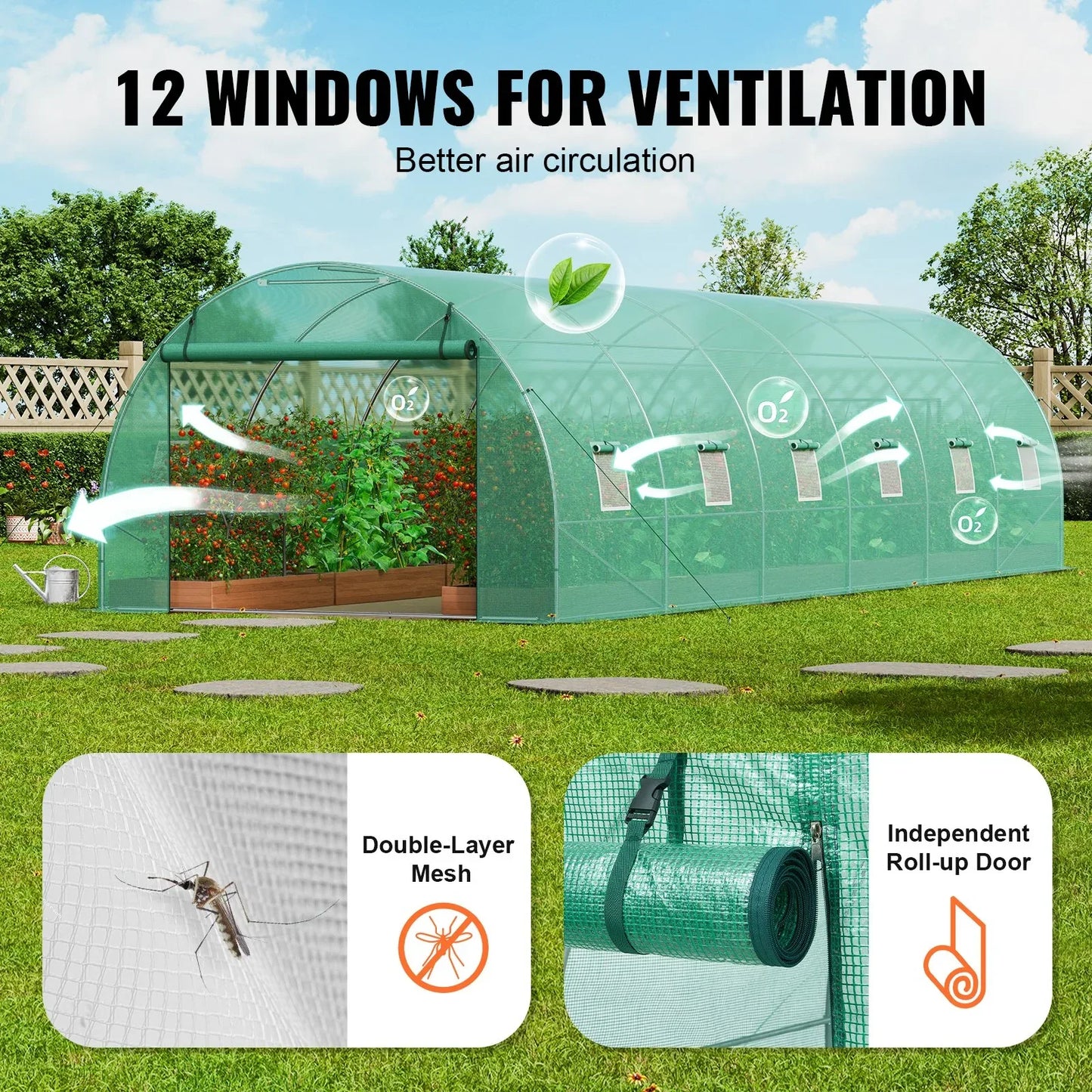 VEVOR Walk-in Tunnel Greenhouse 29.2x9.7x6.5ft Galvanized Frame PE Cover Green - Mekamart Australia