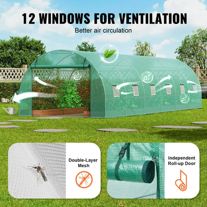 VEVOR Walk-in Tunnel Greenhouse 29.2x9.7x6.5ft Galvanized Frame PE Cover Green - Mekamart Australia