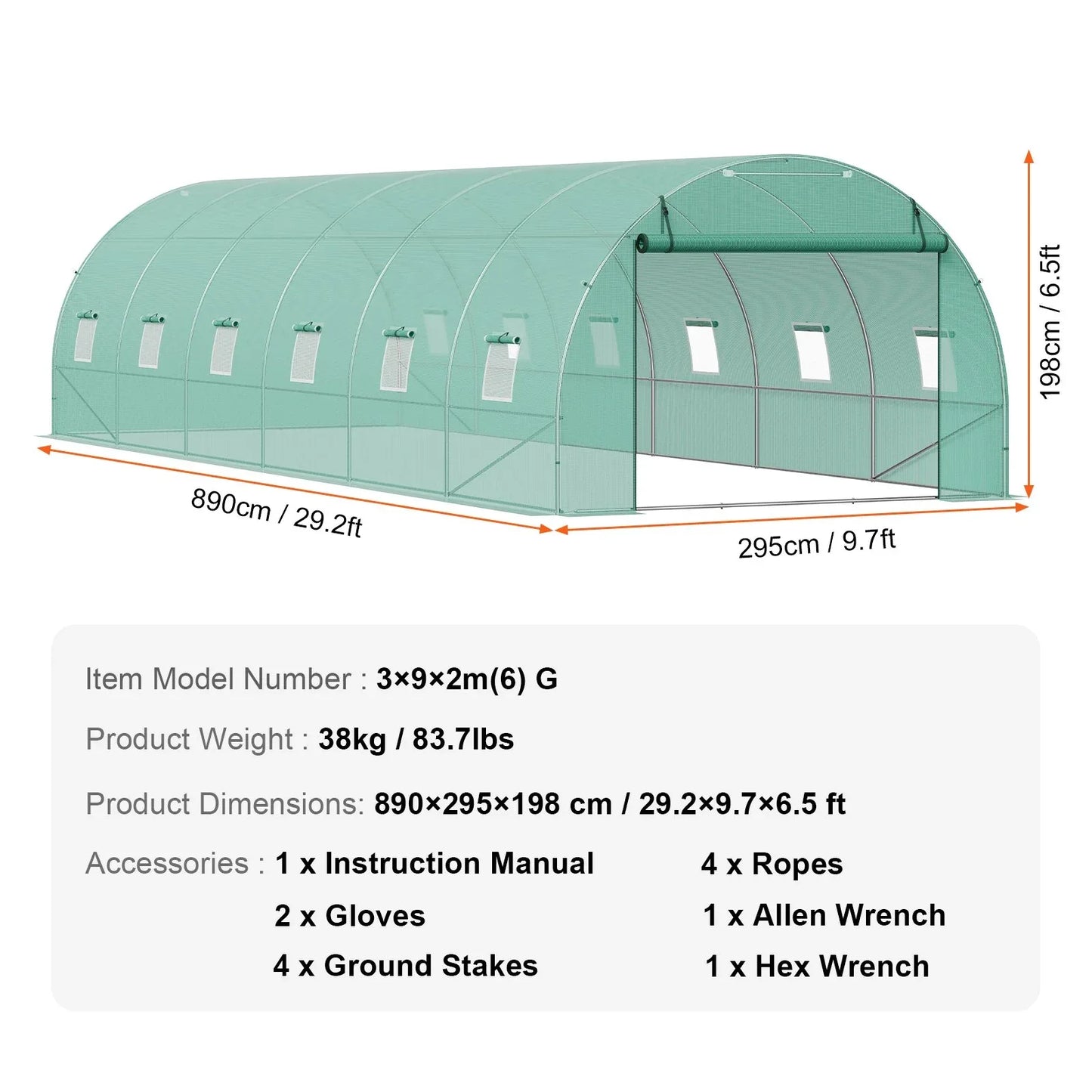 VEVOR Walk-in Tunnel Greenhouse 29.2x9.7x6.5ft Galvanized Frame PE Cover Green - Mekamart Australia