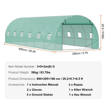 VEVOR Walk-in Tunnel Greenhouse 29.2x9.7x6.5ft Galvanized Frame PE Cover Green - Mekamart Australia