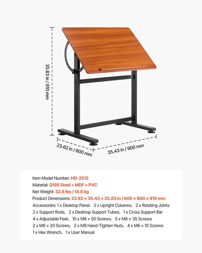 VEVOR Drafting Table Adjustable 0°–90° Tilt Wooden Drawing Desk with H-Frame - Mekamart Australia