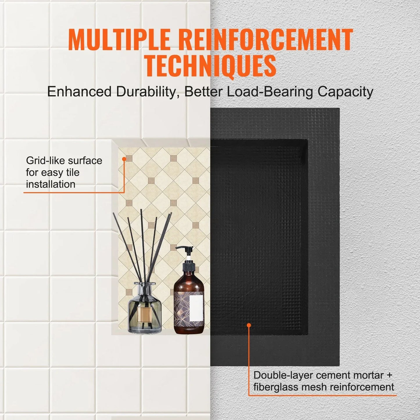 VEVOR Shower Niche Ready for Tile 40.64 x 40.64 cm, Single Shelf Organizer, Square Corners Wall-inserted Niche Recessed, Sealed Protection Modern Soap Storage Niche for Shower Bathroom, Black - Mekamart Australia