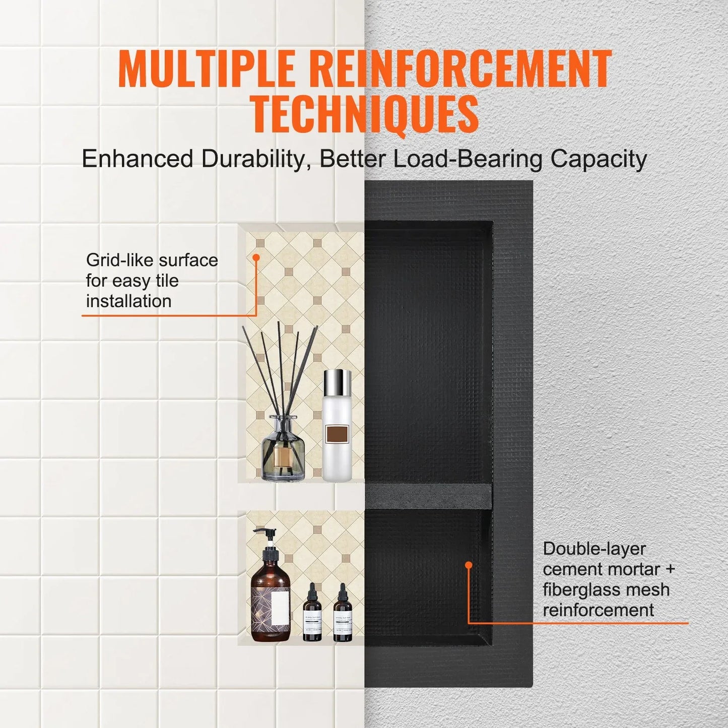 VEVOR Shower Niche Ready for Tile 40.64 x 60.96 cm, 16 x 24 inch Double Shelf Organizer, Square Corners Wall-inserted Niche Recessed, Sealed Protection Modern Soap Storage Niche for Shower Bathroom, Black - Mekamart Australia
