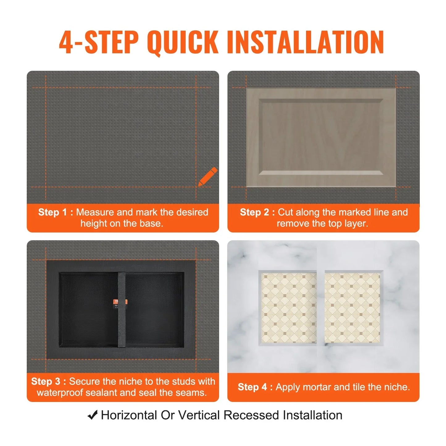 VEVOR Shower Niche Ready for Tile 40.64 x 60.96 cm, 16 x 24 inch Double Shelf Organizer, Square Corners Wall-inserted Niche Recessed, Sealed Protection Modern Soap Storage Niche for Shower Bathroom, Black - Mekamart Australia