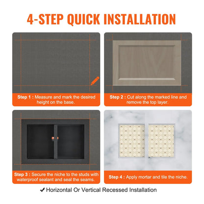VEVOR Shower Niche Ready for Tile 40.64 x 60.96 cm, 16 x 24 inch Double Shelf Organizer, Square Corners Wall-inserted Niche Recessed, Sealed Protection Modern Soap Storage Niche for Shower Bathroom, Black - Mekamart Australia