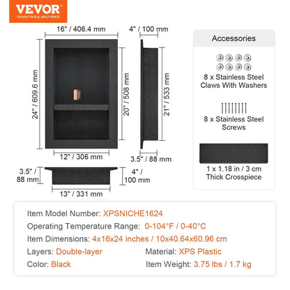 VEVOR Shower Niche Ready for Tile 40.64 x 60.96 cm, 16 x 24 inch Double Shelf Organizer, Square Corners Wall-inserted Niche Recessed, Sealed Protection Modern Soap Storage Niche for Shower Bathroom, Black - Mekamart Australia