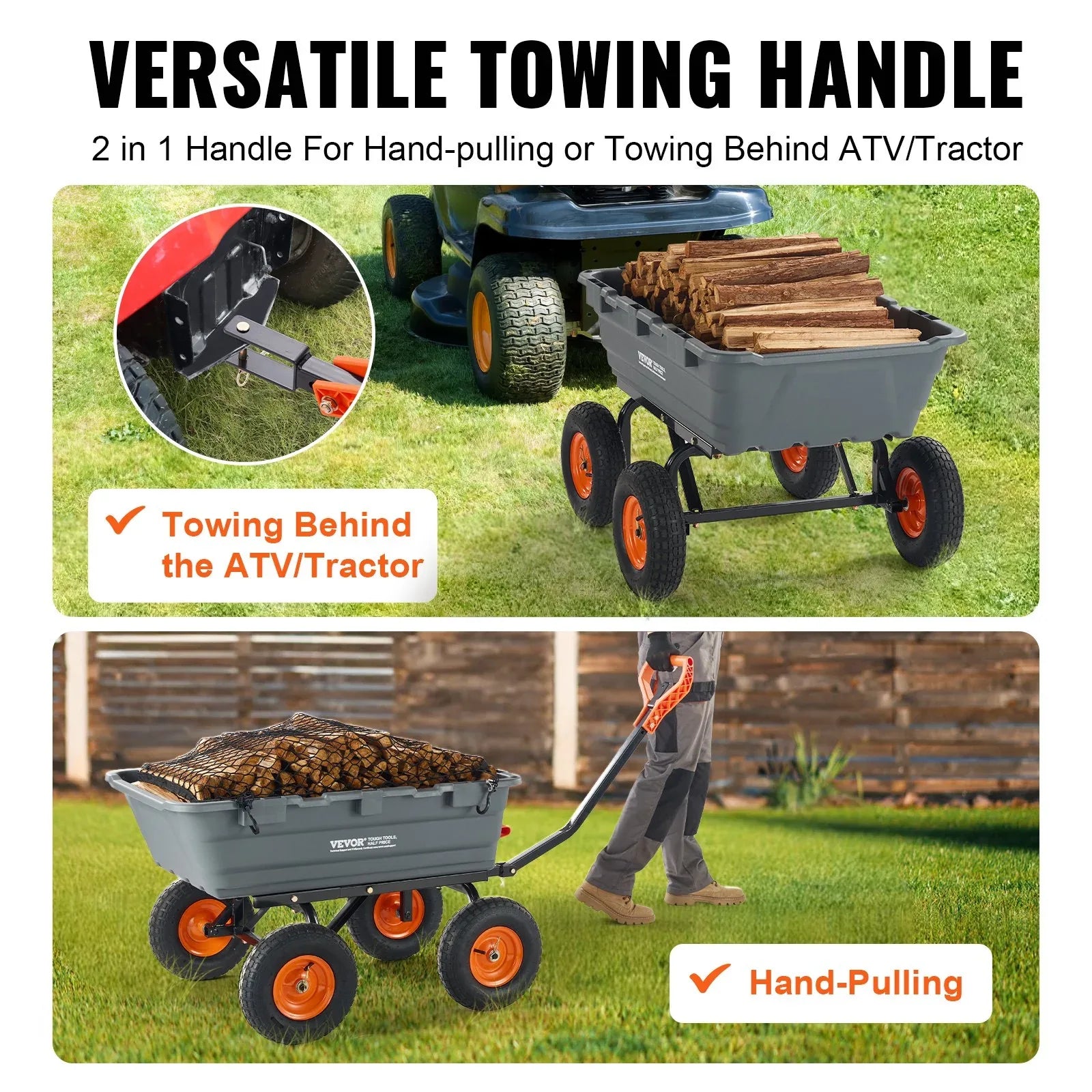 VEVOR Dump Cart, Poly Garden Dump Cart with Easy to Assemble Steel Frame, Dump Wagon with 2-in-1 Convertible Handle, Utility Wheelbarrow 544kg/ 1200lbs Capacity, 33cm/ 13 inch Tires - Mekamart Australia