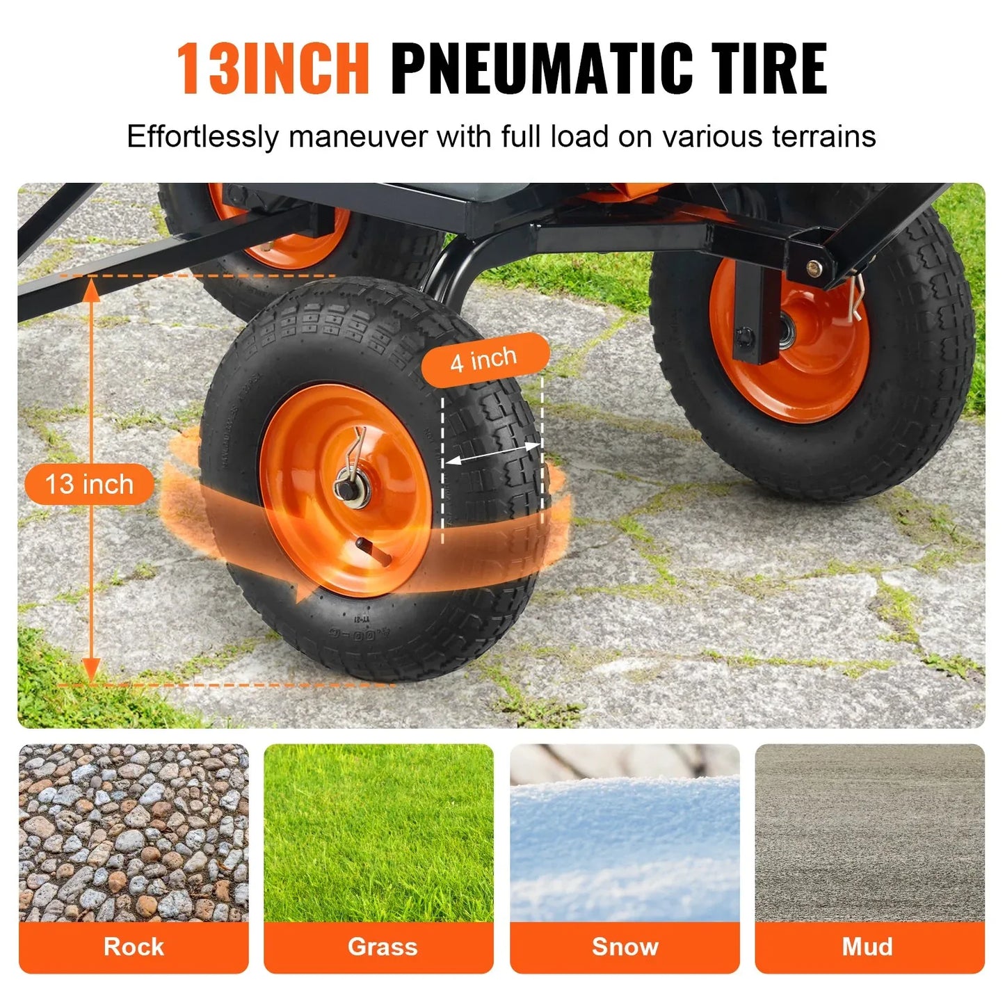 VEVOR Dump Cart, Poly Garden Dump Cart with Easy to Assemble Steel Frame, Dump Wagon with 2-in-1 Convertible Handle, Utility Wheelbarrow 544kg/ 1200lbs Capacity, 33cm/ 13 inch Tires - Mekamart Australia