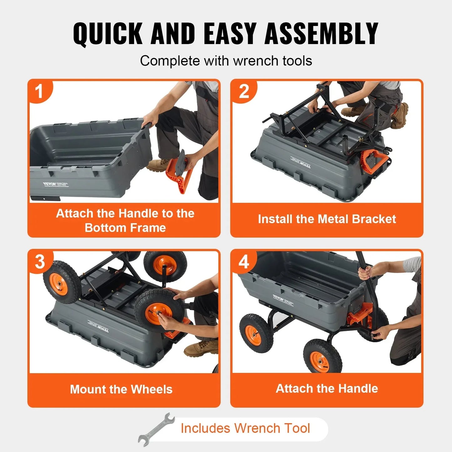 VEVOR Dump Cart, Poly Garden Dump Cart with Easy to Assemble Steel Frame, Dump Wagon with 2-in-1 Convertible Handle, Utility Wheelbarrow 544kg/ 1200lbs Capacity, 33cm/ 13 inch Tires - Mekamart Australia
