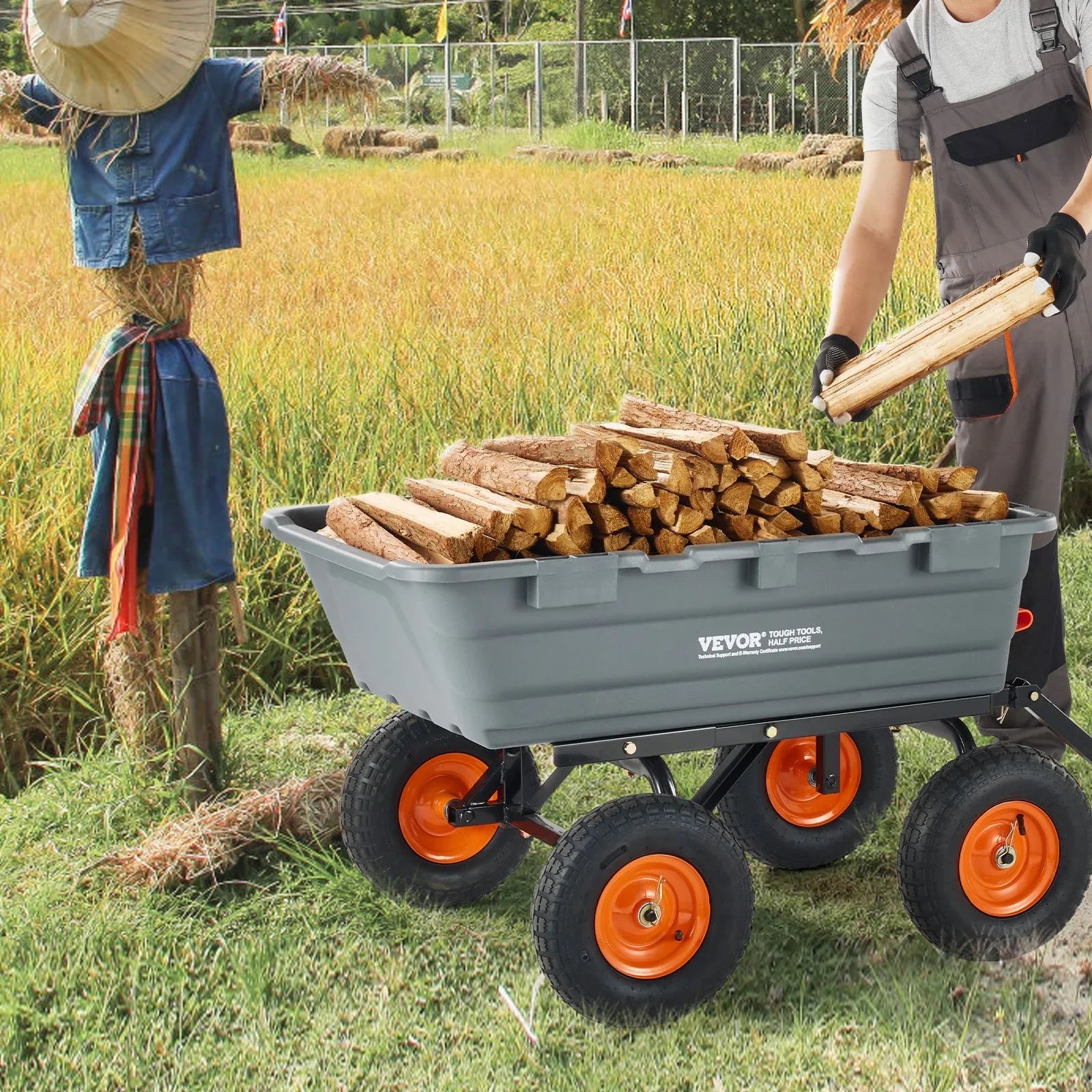 VEVOR Dump Cart, Poly Garden Dump Cart with Easy to Assemble Steel Frame, Dump Wagon with 2-in-1 Convertible Handle, Utility Wheelbarrow 544kg/ 1200lbs Capacity, 33cm/ 13 inch Tires - Mekamart Australia