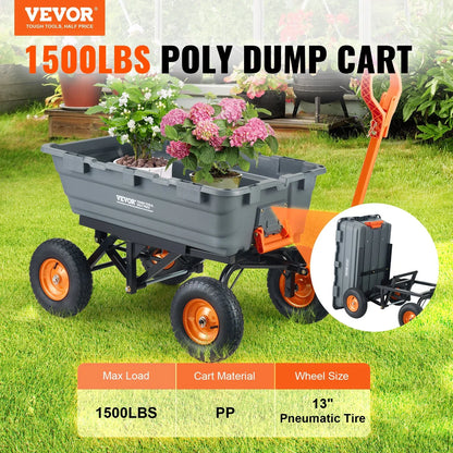 VEVOR Dump Cart, Poly Garden Dump Cart with Easy to Assemble Steel Frame, Dump Wagon with 2-in-1 Convertible Handle, Utility Wheelbarrow 1500 lbs Capacity, 13 inch Tires - Mekamart Australia