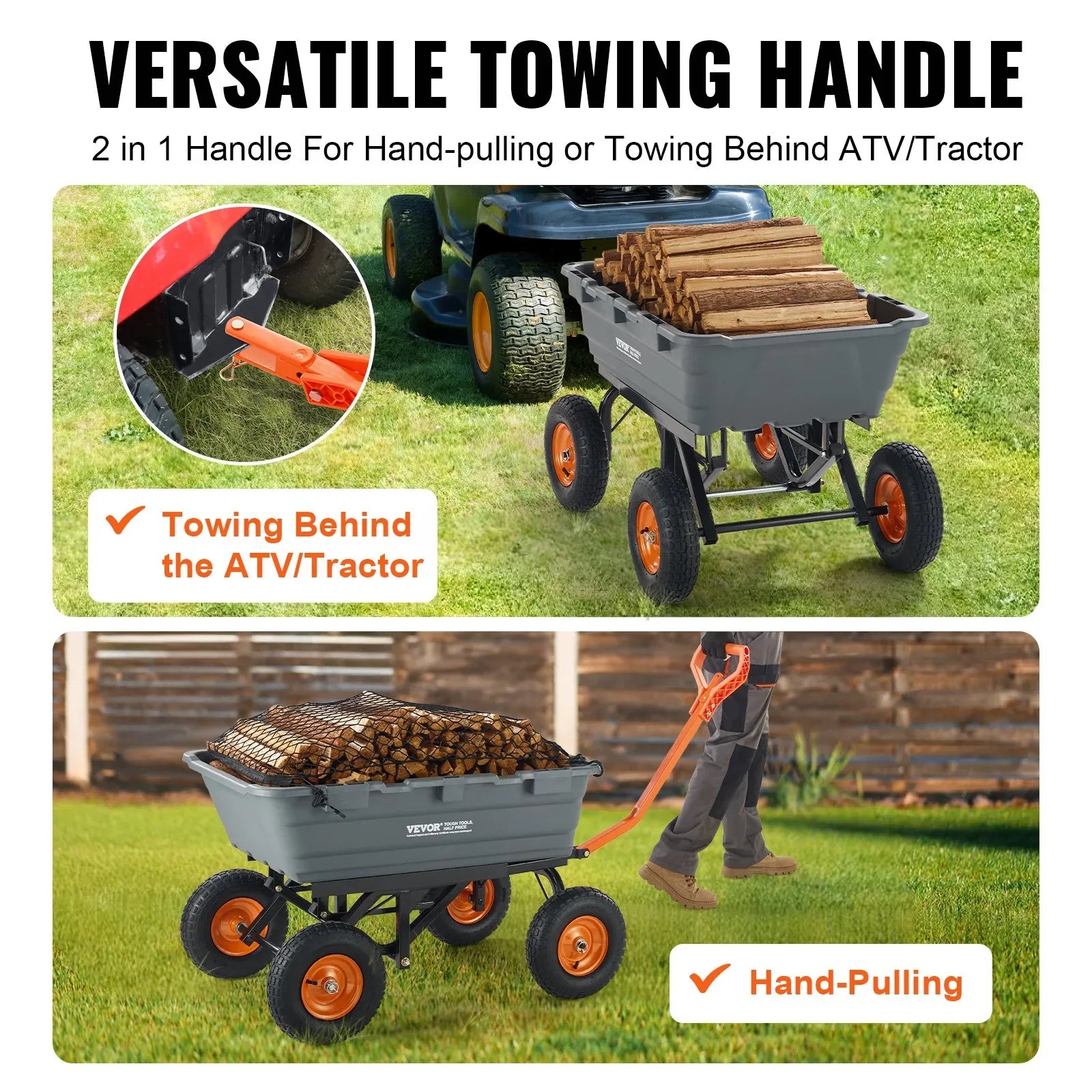 VEVOR Dump Cart, Poly Garden Dump Cart with Easy to Assemble Steel Frame, Dump Wagon with 2-in-1 Convertible Handle, Utility Wheelbarrow 1500 lbs Capacity, 13 inch Tires - Mekamart Australia