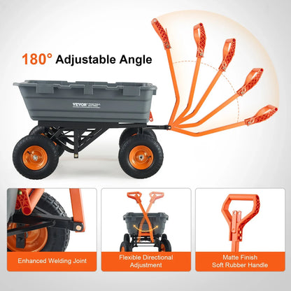 VEVOR Dump Cart, Poly Garden Dump Cart with Easy to Assemble Steel Frame, Dump Wagon with 2-in-1 Convertible Handle, Utility Wheelbarrow 1500 lbs Capacity, 13 inch Tires - Mekamart Australia