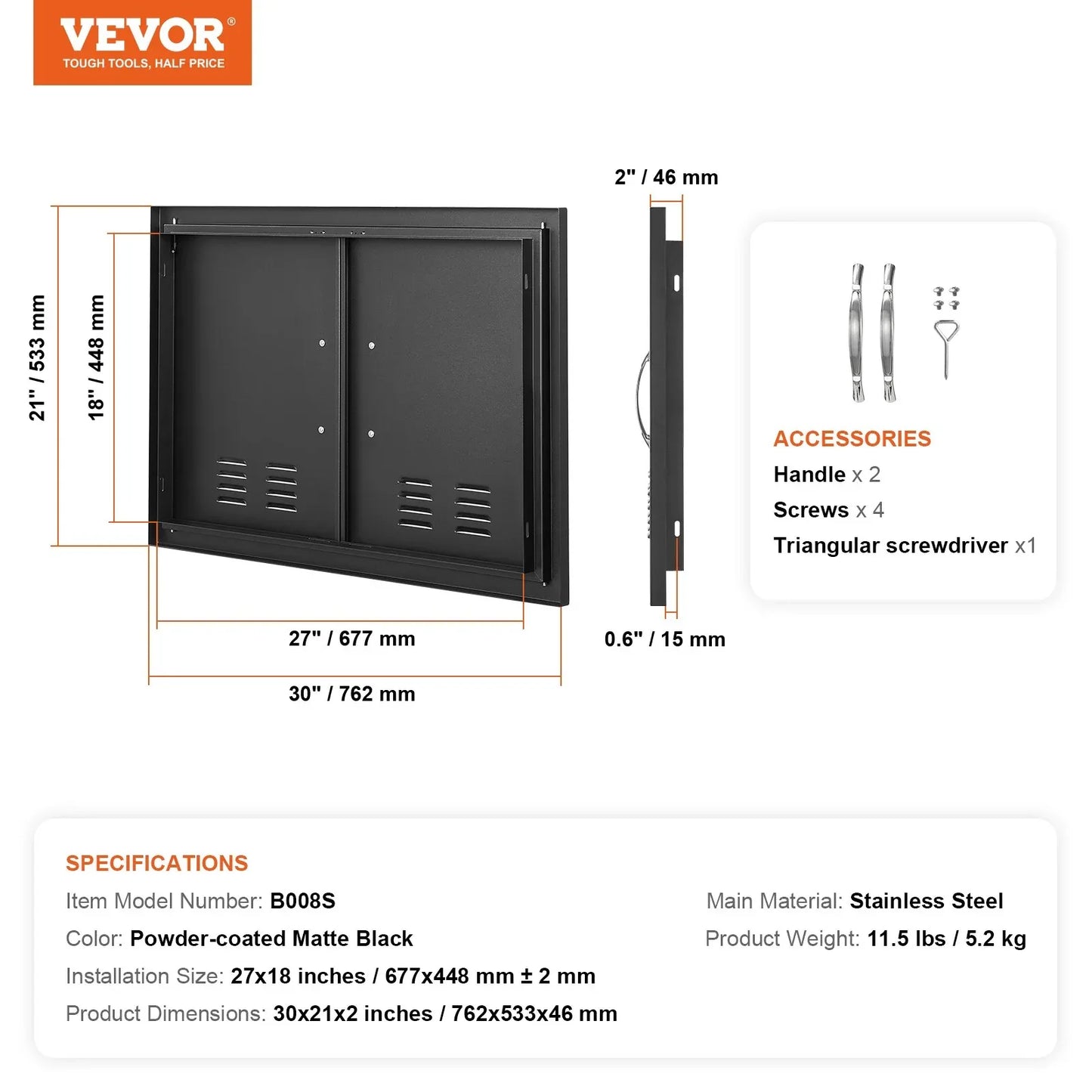 VEVOR BBQ Access Door,762 x533 mm Double Outdoor Kitchen Door, Cold Plate Flush Mount Door, Wall Vertical Door with Handles and Ventss, for BBQ Island, Grilling Station, Outside Cabinet - Mekamart Australia