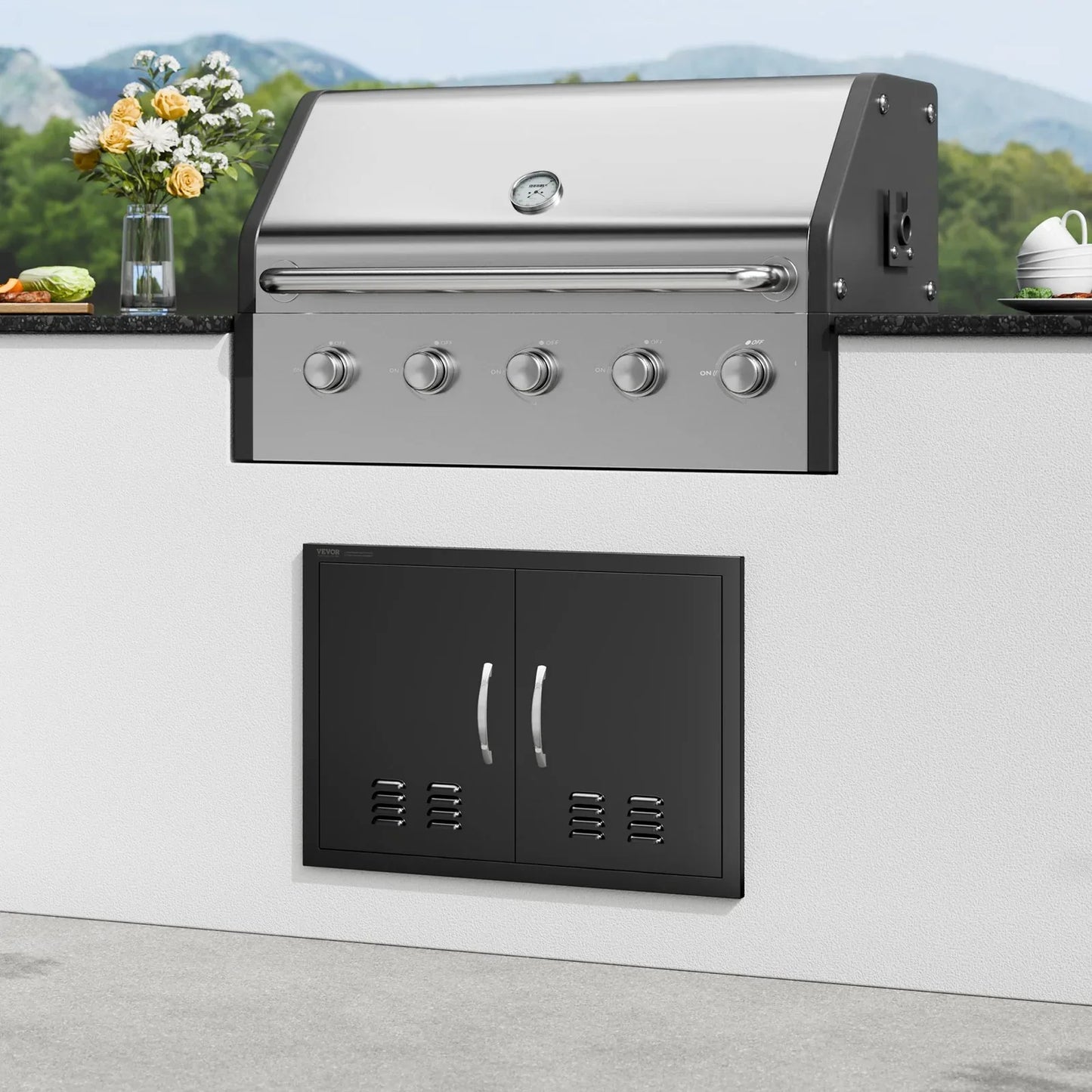 VEVOR BBQ Access Door,762 x533 mm Double Outdoor Kitchen Door, Cold Plate Flush Mount Door, Wall Vertical Door with Handles and Ventss, for BBQ Island, Grilling Station, Outside Cabinet - Mekamart Australia
