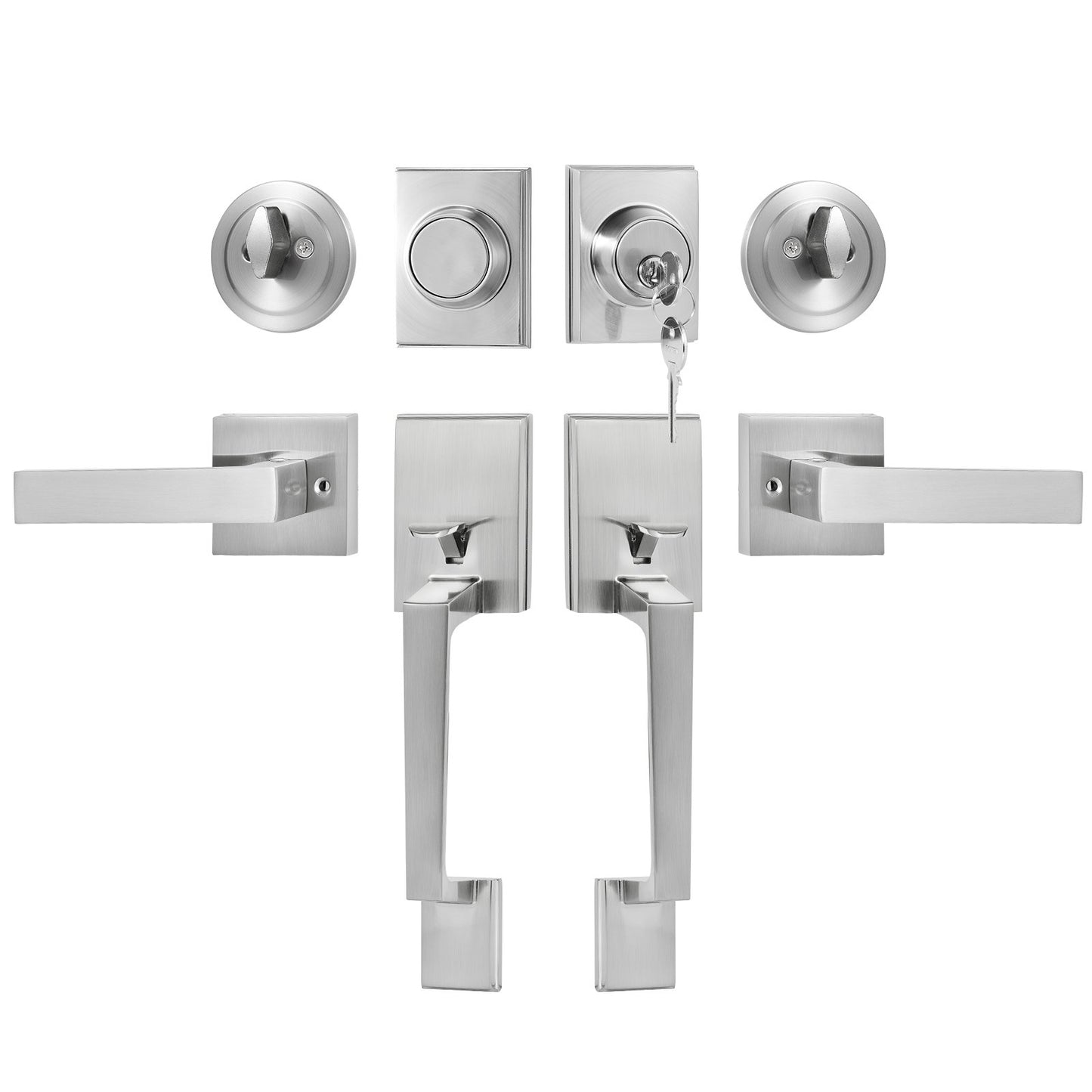 Double Door Handle Set, Satin Nickel Square Door Lever, Heavy Duty Double Front Door Handle Set with Dummy, Double Door Lock Set with Reversible Handle Lever, for Front Door or Office Door