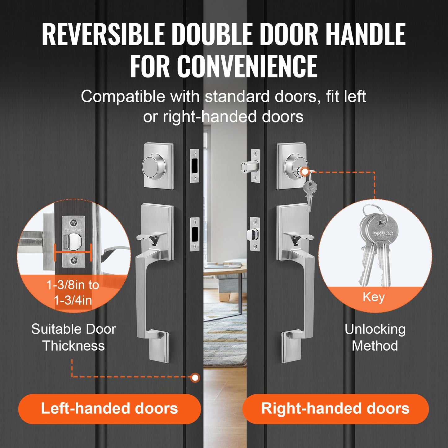 Double Door Handle Set, Satin Nickel Square Door Lever, Heavy Duty Double Front Door Handle Set with Dummy, Double Door Lock Set with Reversible Handle Lever, for Front Door or Office Door