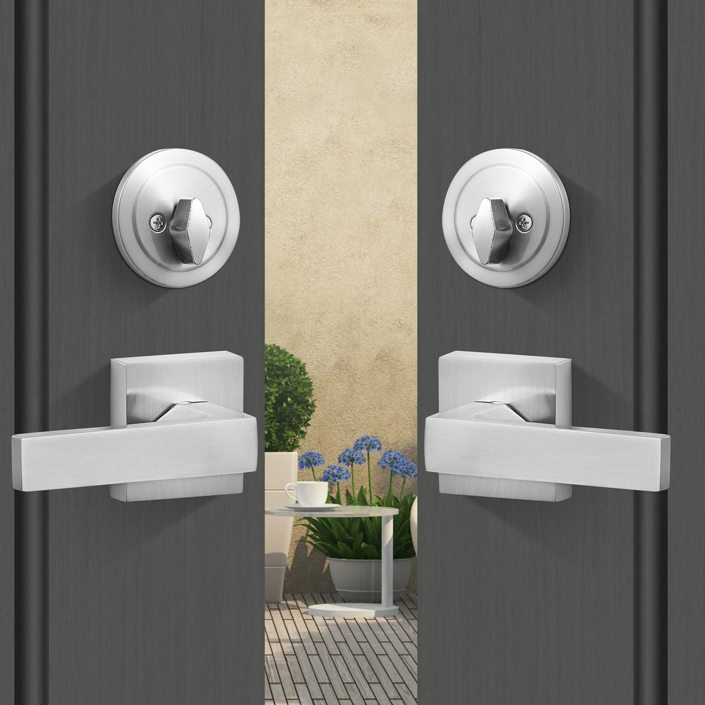Double Door Handle Set, Satin Nickel Square Door Lever, Heavy Duty Double Front Door Handle Set with Dummy, Double Door Lock Set with Reversible Handle Lever, for Front Door or Office Door