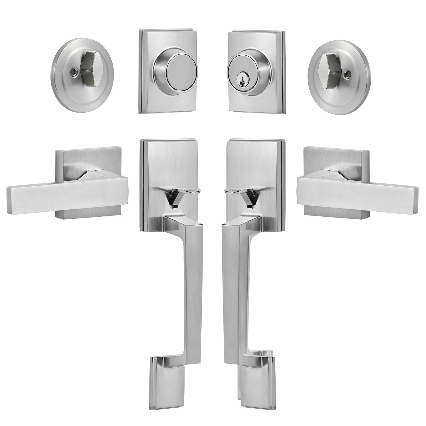 Double Door Handle Set, Satin Nickel Square Door Lever, Heavy Duty Double Front Door Handle Set with Dummy, Double Door Lock Set with Reversible Handle Lever, for Front Door or Office Door