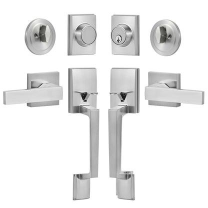 Double Door Handle Set, Satin Nickel Square Door Lever, Heavy Duty Double Front Door Handle Set with Dummy, Double Door Lock Set with Reversible Handle Lever, for Front Door or Office Door