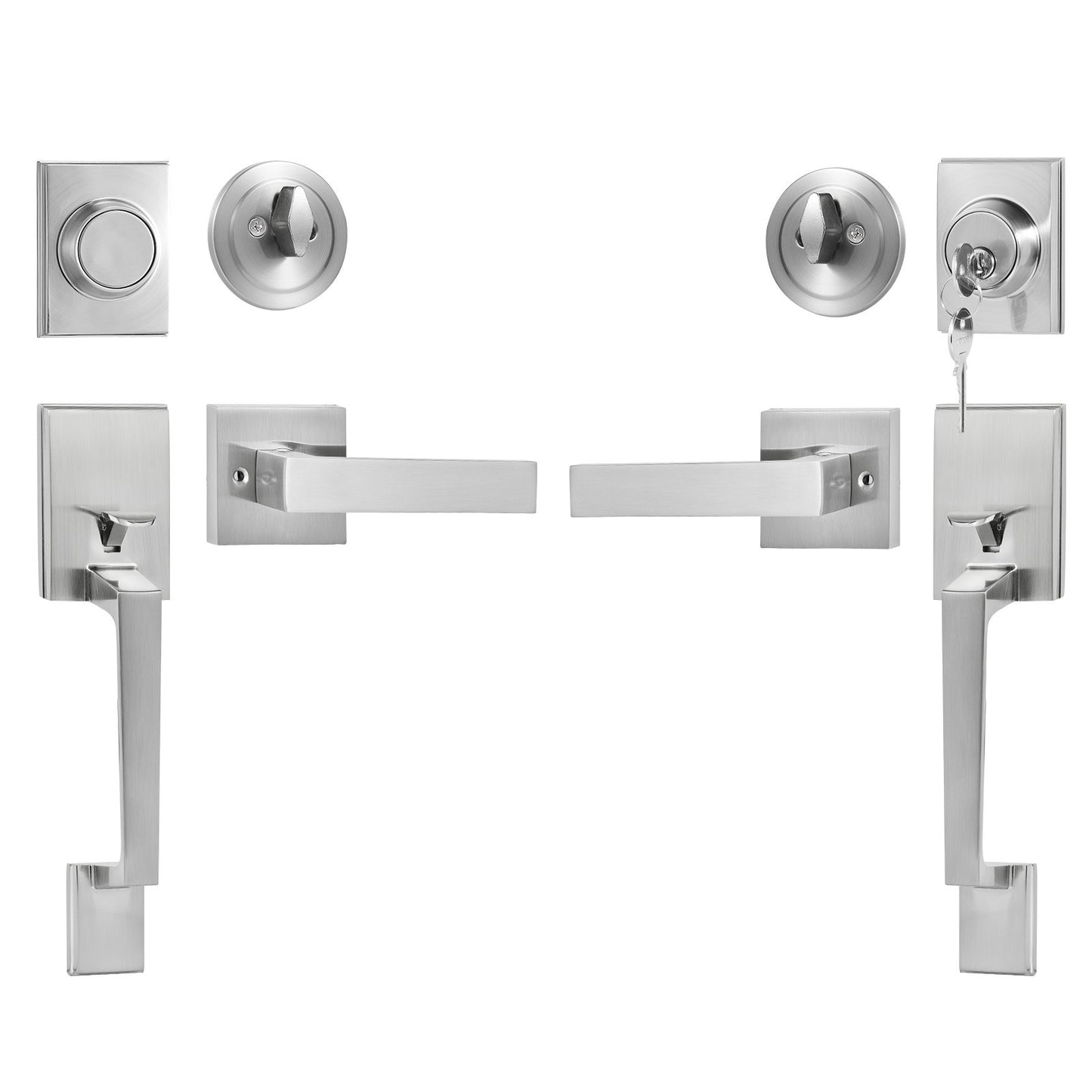 Double Door Handle Set, Satin Nickel Square Door Lever, Heavy Duty Double Front Door Handle Set with Dummy, Double Door Lock Set with Reversible Handle Lever, for Front Door or Office Door